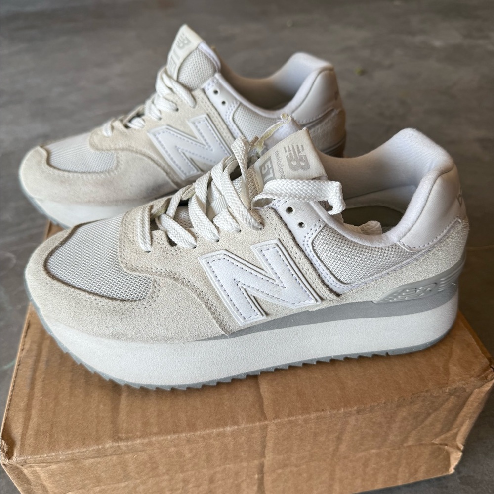 New Balance 574+ Cream, Gray, and White Athletic Shoes